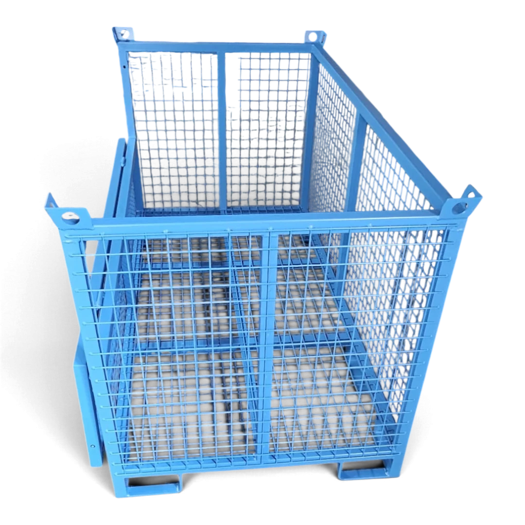 Gitterbox mit klappbarer Frontwand – halbhohe Klappe zum bequemen Be- und Entladen, verschweißter Quadratrohr-Rahmen, stapelbar.