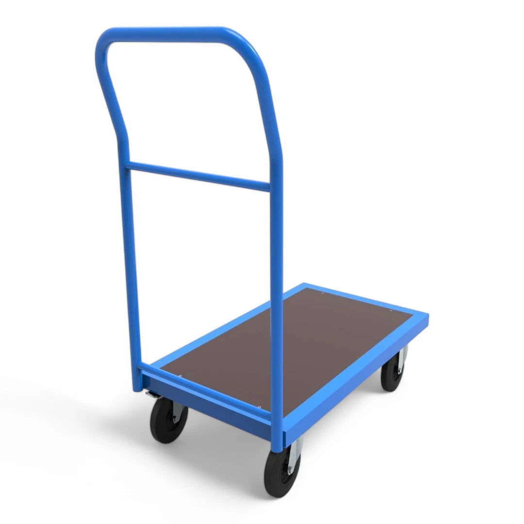 Plattformwagen mit Schiebebügel - Robuste Transportlösung für Lager & Industrie. Stahlrahmen, 4 Lenkrollen, bis 1000 kg Traglast.