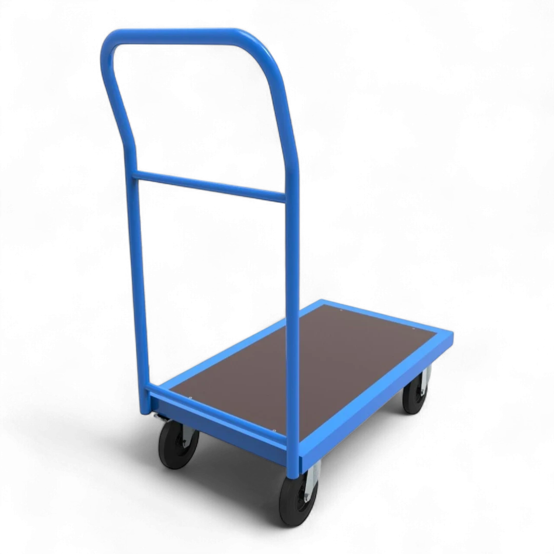 Plattformwagen mit Schiebebügel - Robuste Transportlösung für Lager & Industrie. Stahlrahmen, 4 Lenkrollen, bis 1000 kg Traglast.