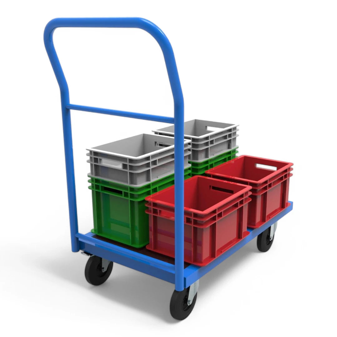 Plattformwagen mit Schiebebügel - Robuste Transportlösung für Lager & Industrie. Stahlrahmen, 4 Lenkrollen, bis 1000 kg Traglast.