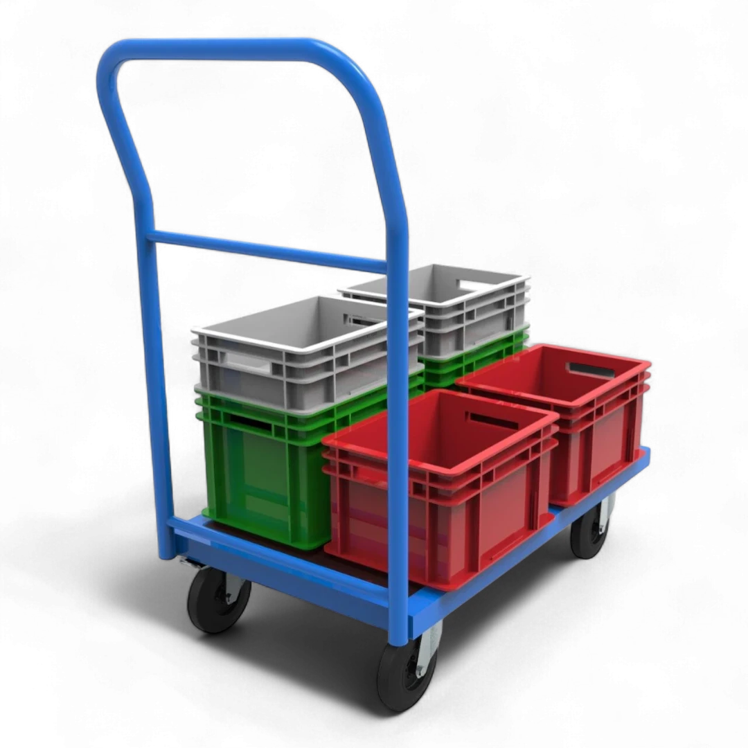 Plattformwagen mit Schiebebügel - Robuste Transportlösung für Lager & Industrie. Stahlrahmen, 4 Lenkrollen, bis 1000 kg Traglast.