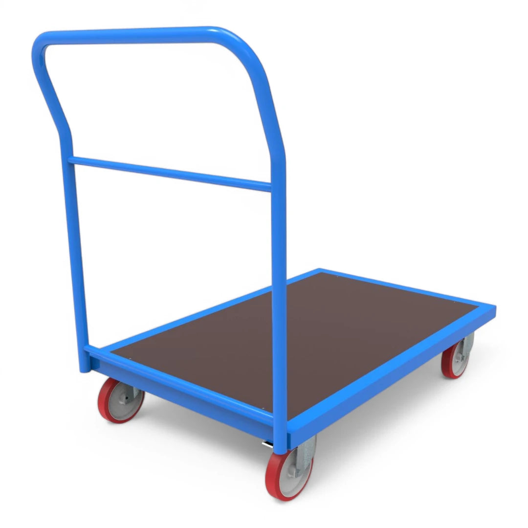 Plattformwagen mit Schiebebügel - Robuste Transportlösung für Lager & Industrie. Stahlrahmen, 4 Lenkrollen, bis 1000 kg Traglast.