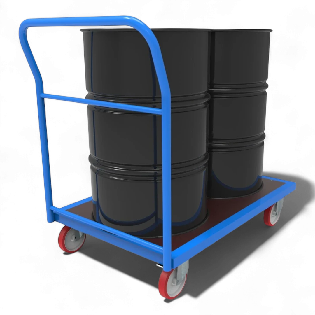 Plattformwagen mit Schiebebügel - Robuste Transportlösung für Lager & Industrie. Stahlrahmen, 4 Lenkrollen, bis 1000 kg Traglast.