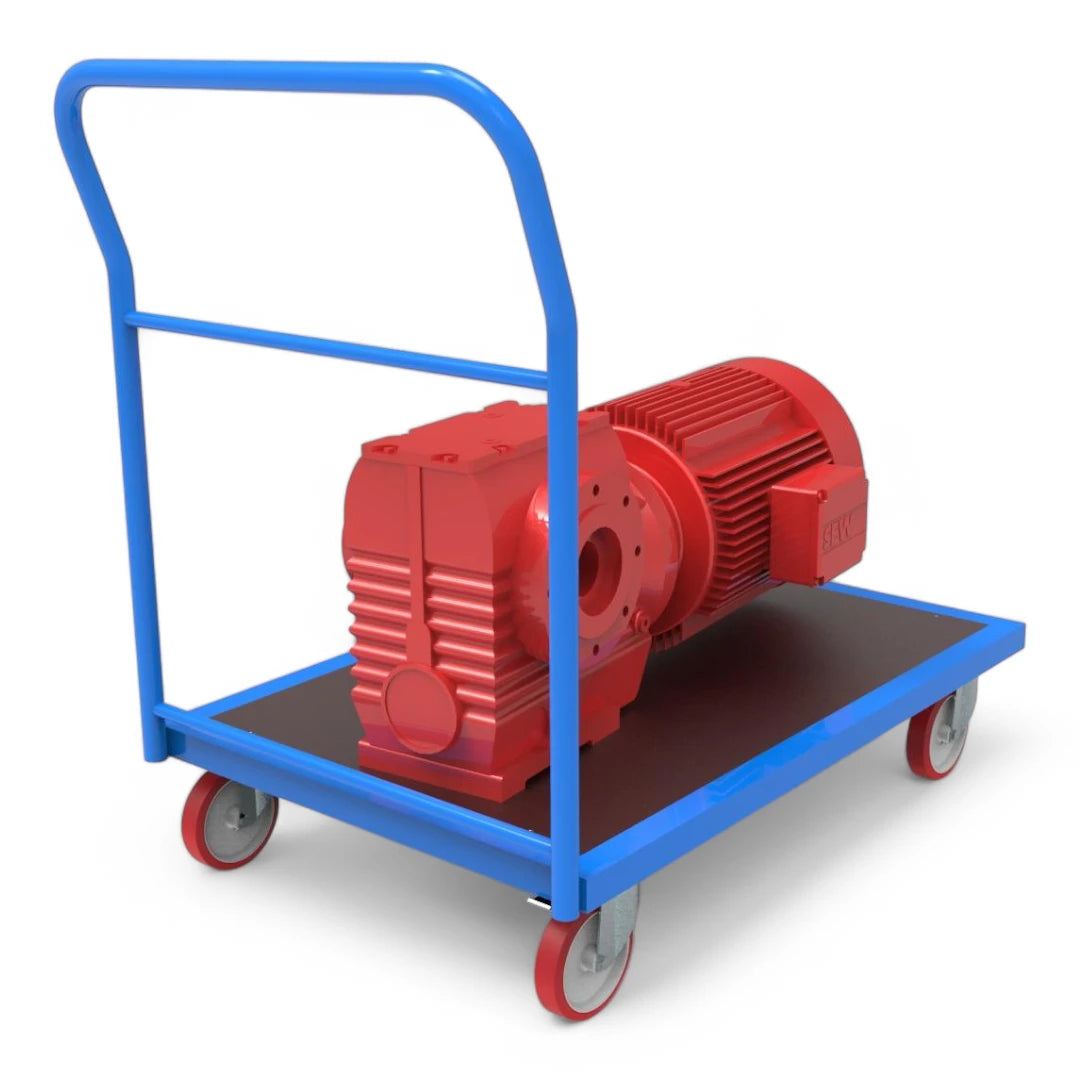 Plattformwagen mit Schiebebügel - Robuste Transportlösung für Lager & Industrie. Stahlrahmen, 4 Lenkrollen, bis 1000 kg Traglast.
