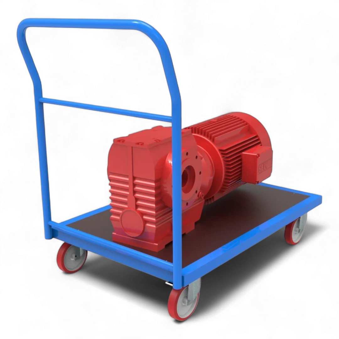 Plattformwagen mit Schiebebügel - Robuste Transportlösung für Lager & Industrie. Stahlrahmen, 4 Lenkrollen, bis 1000 kg Traglast.
