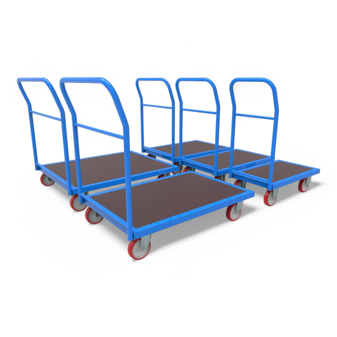 Plattformwagen mit Schiebebügel - Robuste Transportlösung für Lager & Industrie. Stahlrahmen, 4 Lenkrollen, bis 1000 kg Traglast.