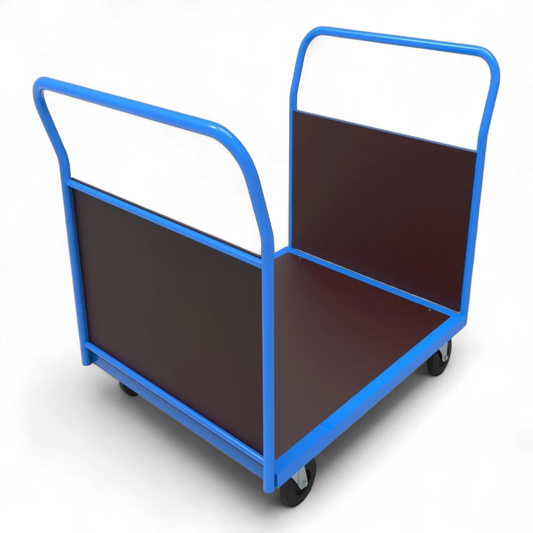 Doppel-Stirnwandwagen mit vorderer und hinterer Siebdruckplatte. Bis 600 kg Traglast. Ideal für Lager und Werkstatt.