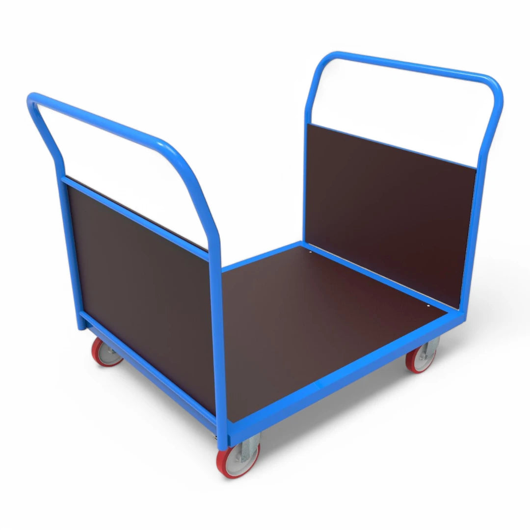 Doppel-Stirnwandwagen mit vorderer und hinterer Siebdruckplatte. Bis 600 kg Traglast. Ideal für Lager und Werkstatt.