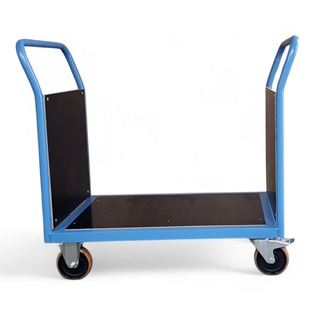 Doppel-Stirnwandwagen mit vorderer und hinterer Siebdruckplatte. Bis 600 kg Traglast. Ideal für Lager und Werkstatt.