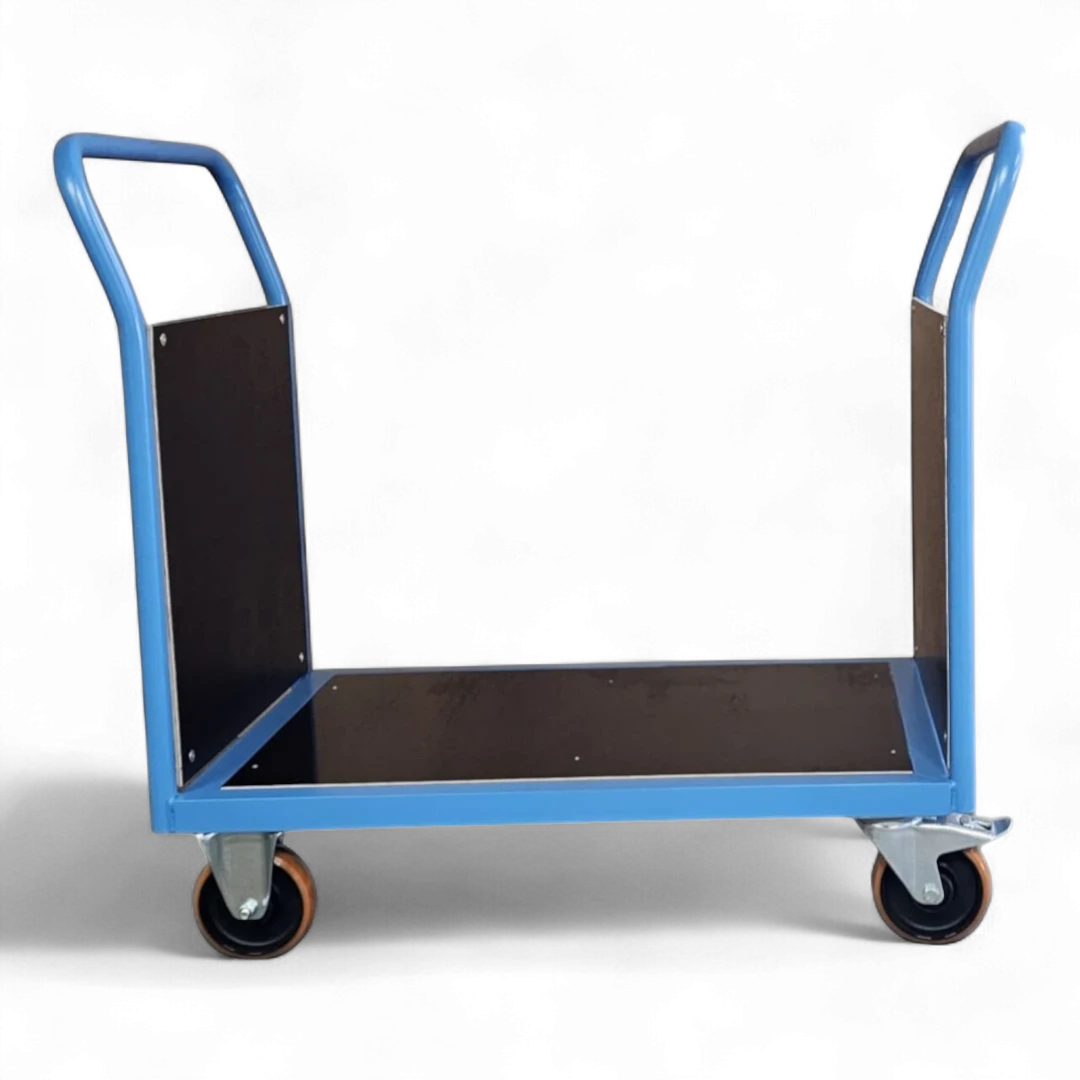 Doppel-Stirnwandwagen mit vorderer und hinterer Siebdruckplatte. Bis 600 kg Traglast. Ideal für Lager und Werkstatt.