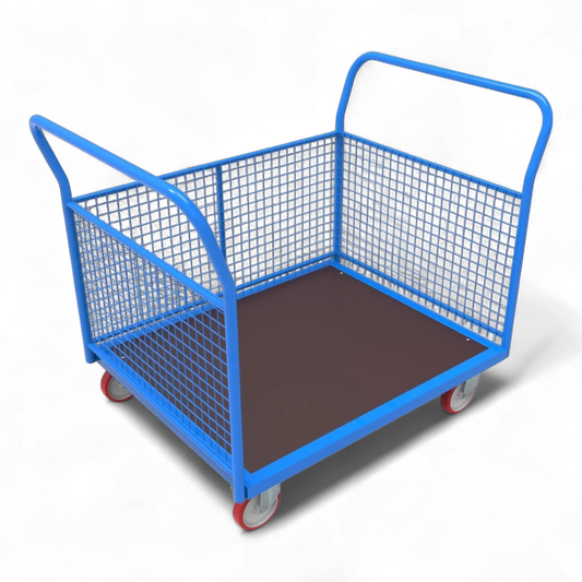 Dreiwandwagen mit stabilen Gitterwänden – Sicherer Transportwagen mit drei Seiten aus Stahlgittern für optimalen Ladungsschutz. Ideal für Lager und Industrie.