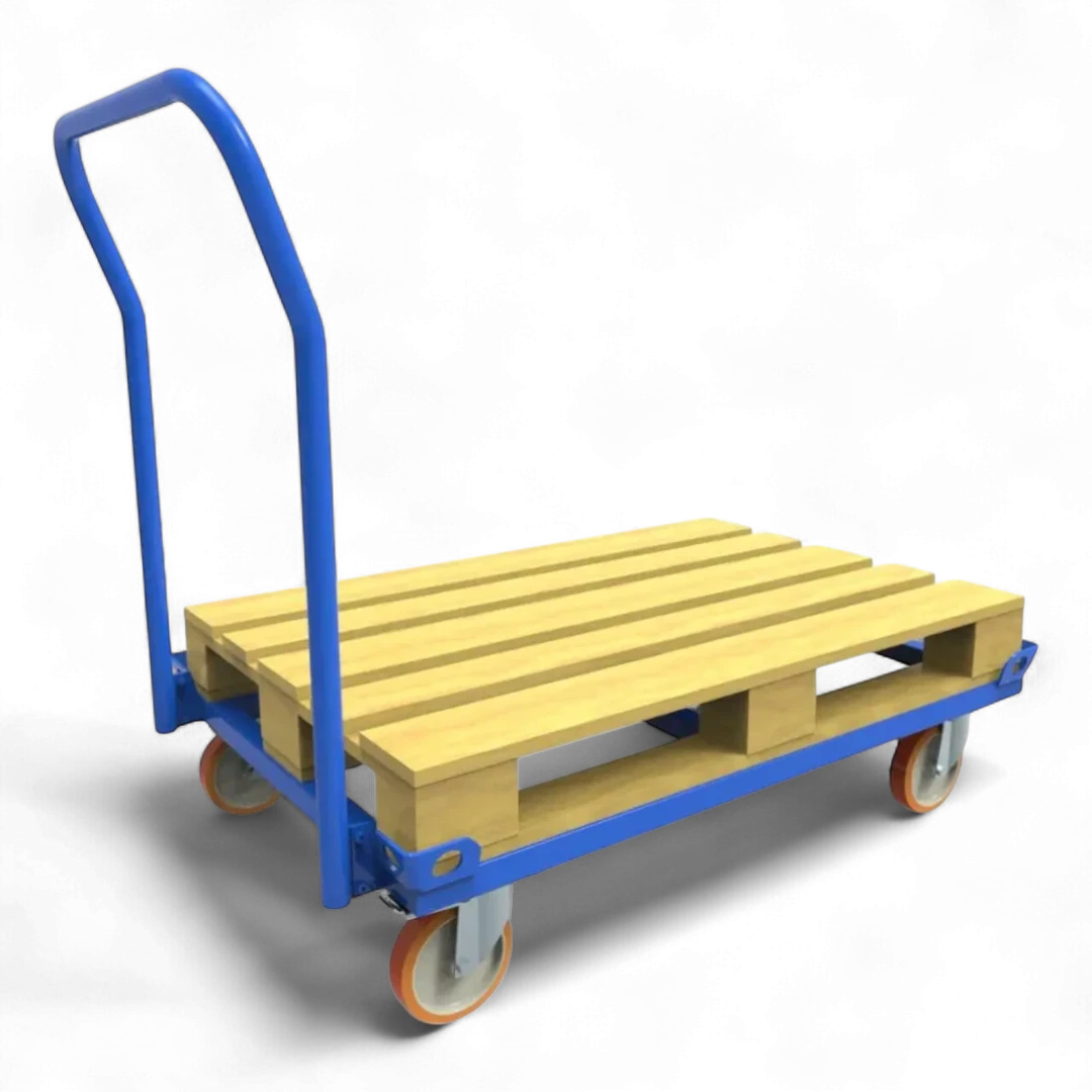 Fahrgestell für Palettentransport – Stabile Stahlkonstruktion mit Lenkrollen. Ideal für Lager und Werkstätten.