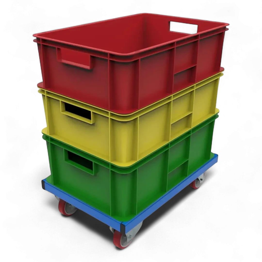 Fahrgestell für Transport von KLT-Kisten – Stabile Stahlkonstruktion mit Lenkrollen. Ideal für Lager und Werkstätten.