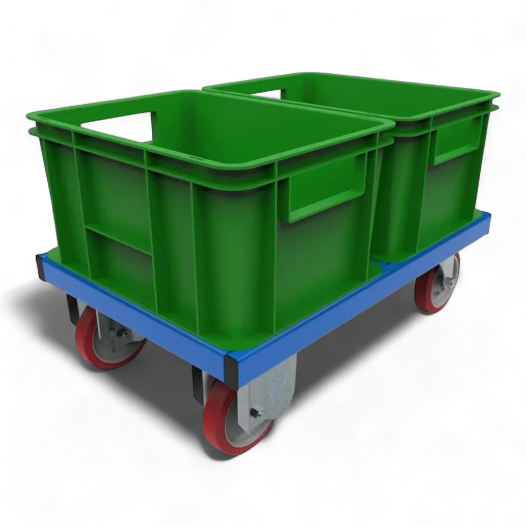 Fahrgestell für Transport von KLT-Kisten – Stabile Stahlkonstruktion mit Lenkrollen. Ideal für Lager und Werkstätten.