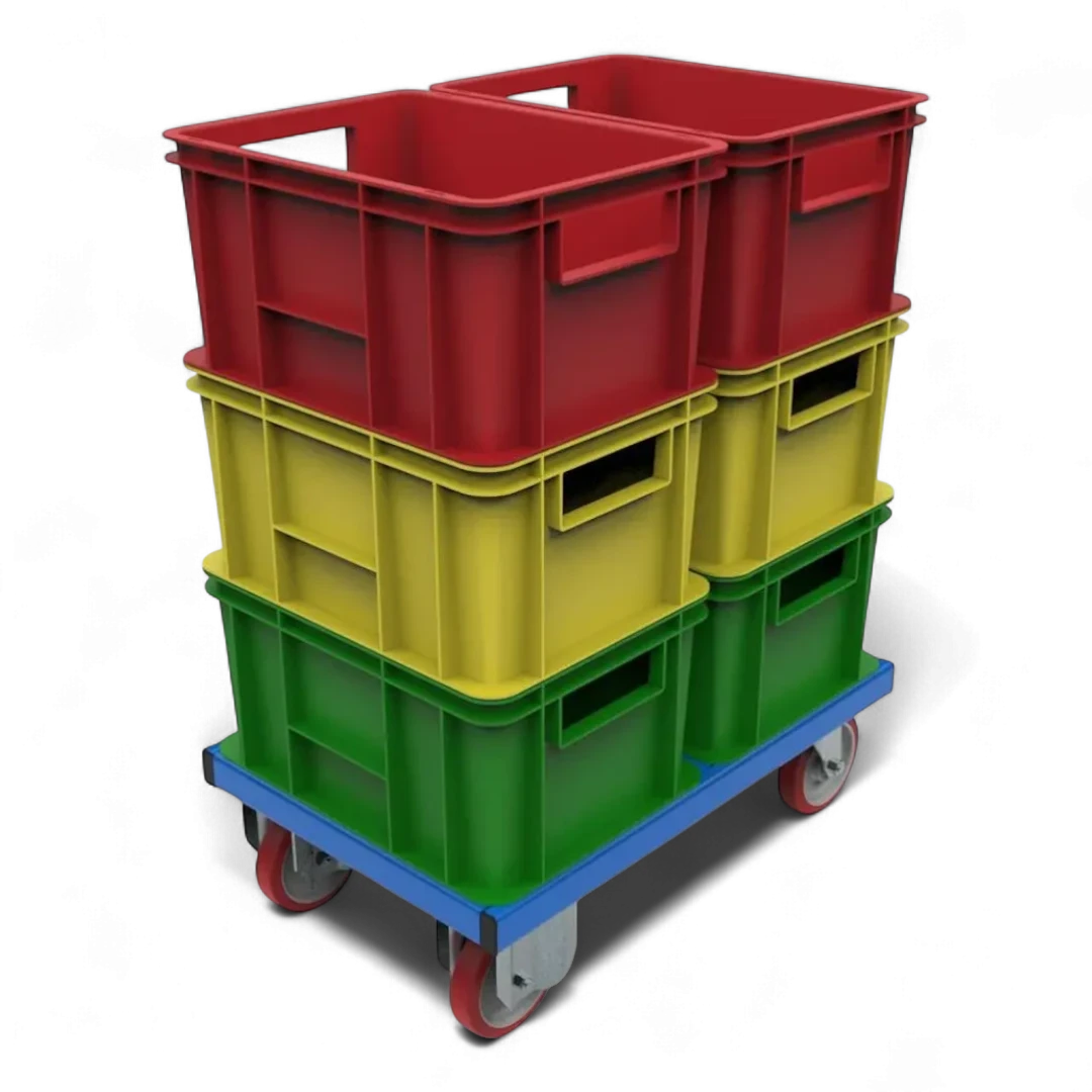Fahrgestell für Transport von KLT-Kisten – Stabile Stahlkonstruktion mit Lenkrollen. Ideal für Lager und Werkstätten.
