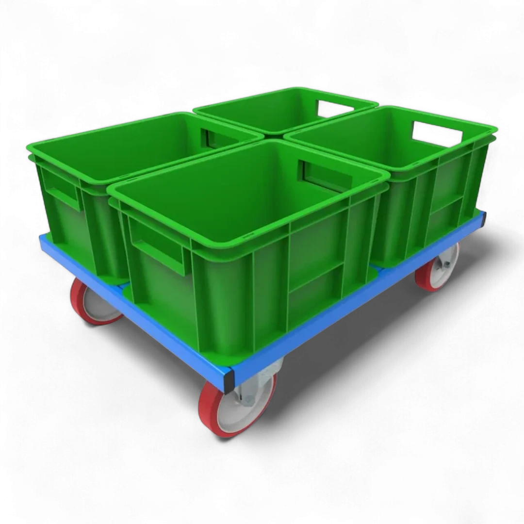 Fahrgestell für Transport von KLT-Kisten – Stabile Stahlkonstruktion mit Lenkrollen. Ideal für Lager und Werkstätten.