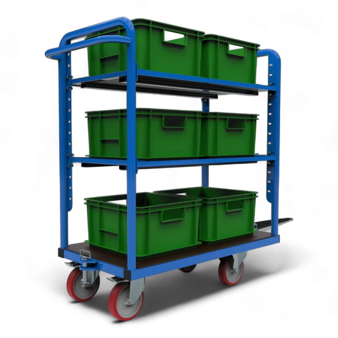 Kommissionierwagen mit mehreren Ebenen, Rollen und Griffen zum Transport von Waren in Lagern. Praktisch für effizientes Kommissionieren und Lagerlogistik.