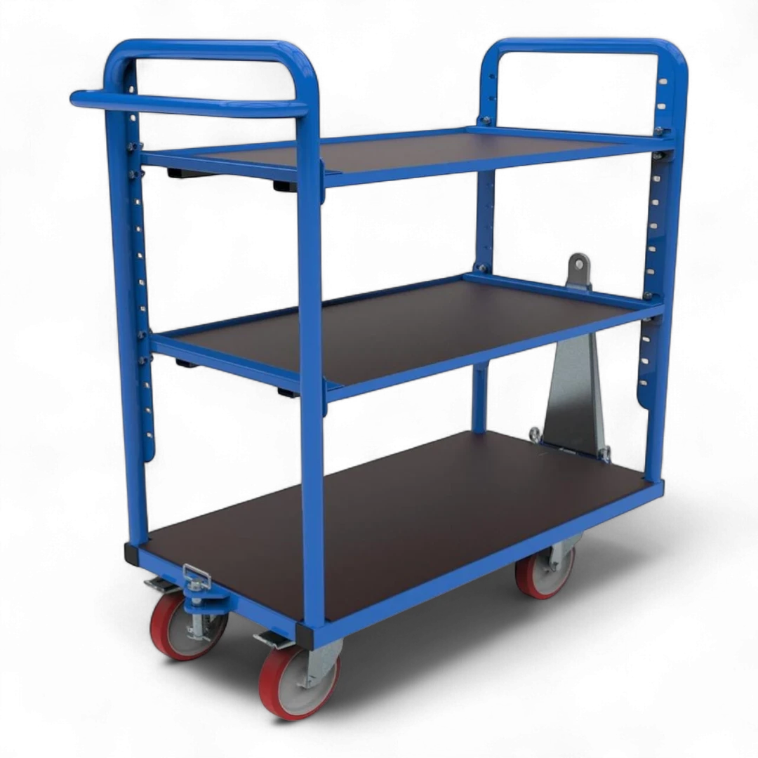 Kommissionierwagen mit mehreren Ebenen, Rollen und Griffen zum Transport von Waren in Lagern. Praktisch für effizientes Kommissionieren und Lagerlogistik.
