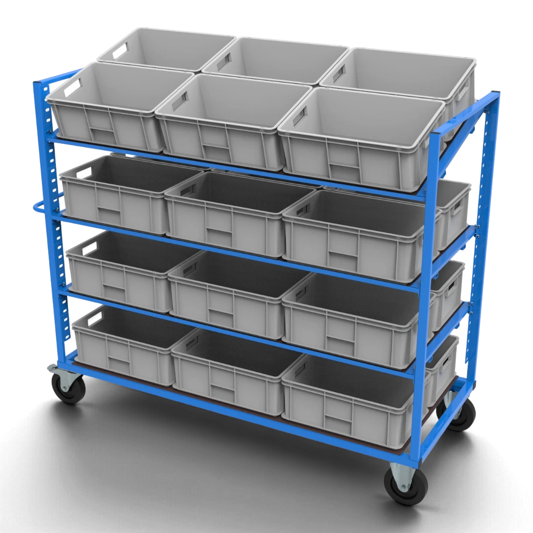 Kommissionierwagen KLT für KLT-Behälter 600×400 mm – höhenverstellbare, neigbare Böden aus Siebdruckplatte und spurfreie Elastikgummirollen.