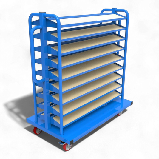 Kompakt-Rollwagen für Sichtlagerkästen - Schmale Bauform für enge Gänge, ideal für Werkstätten und Lager.