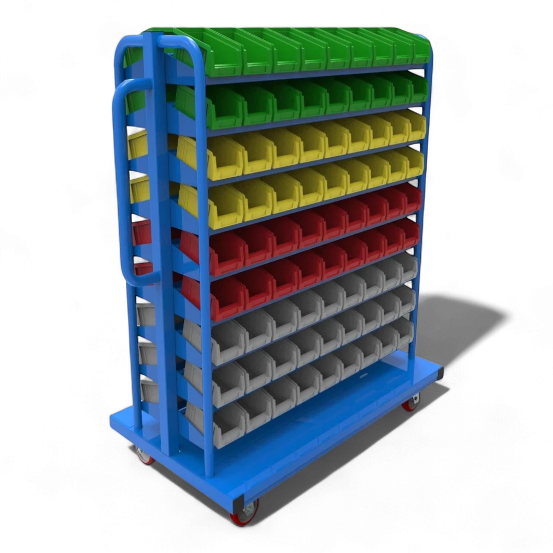 Kompakt-Rollwagen für Sichtlagerkästen - Schmale Bauform für enge Gänge, ideal für Werkstätten und Lager.