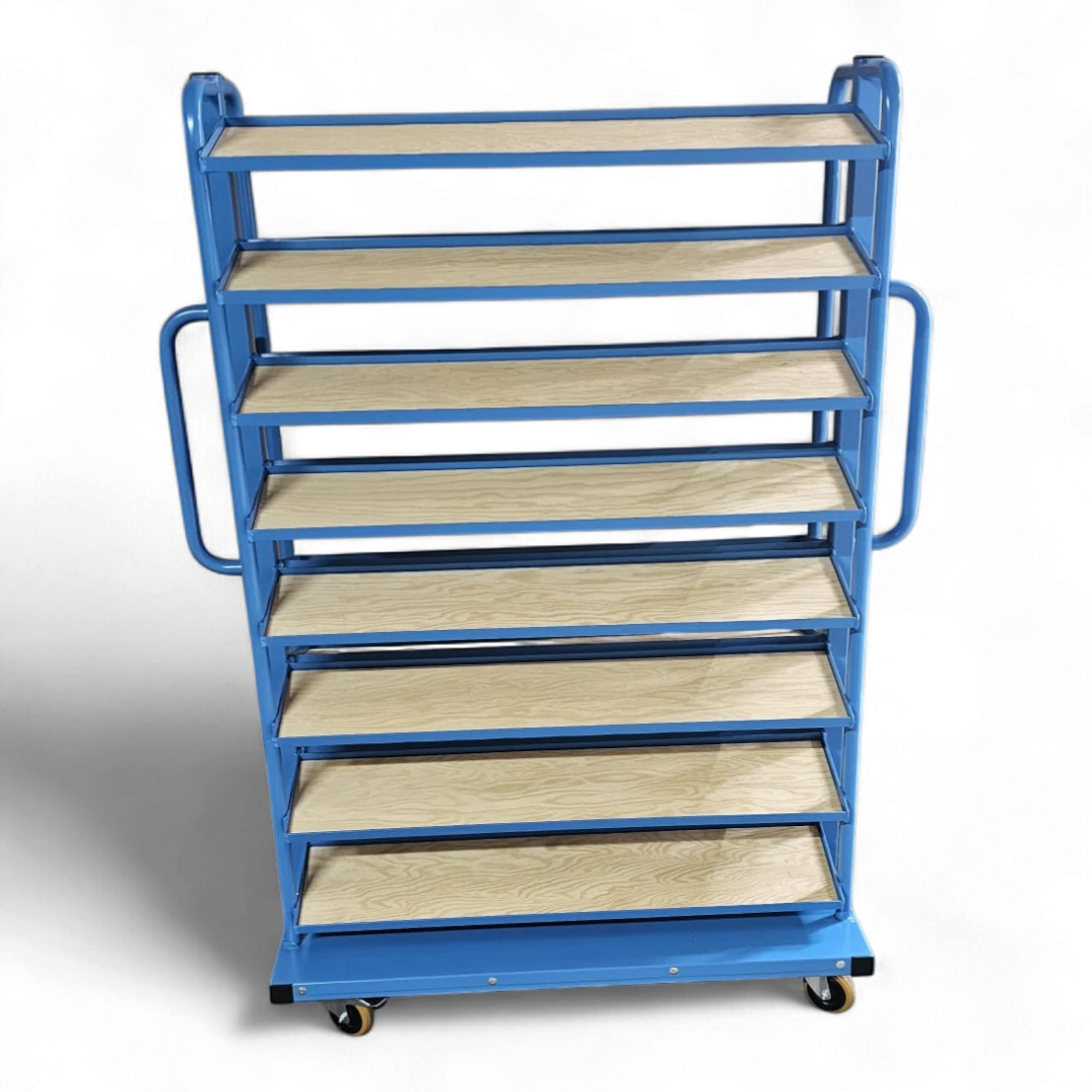 Kompakt-Rollwagen für Sichtlagerkästen - Schmale Bauform für enge Gänge, ideal für Werkstätten und Lager.