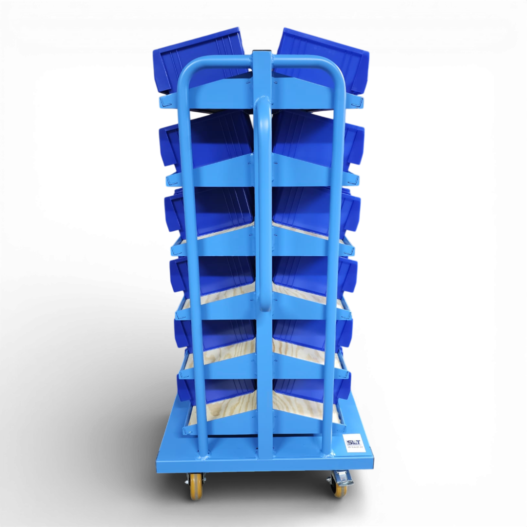 Kompakt-Rollwagen für Sichtlagerkästen - Schmale Bauform für enge Gänge, ideal für Werkstätten und Lager.