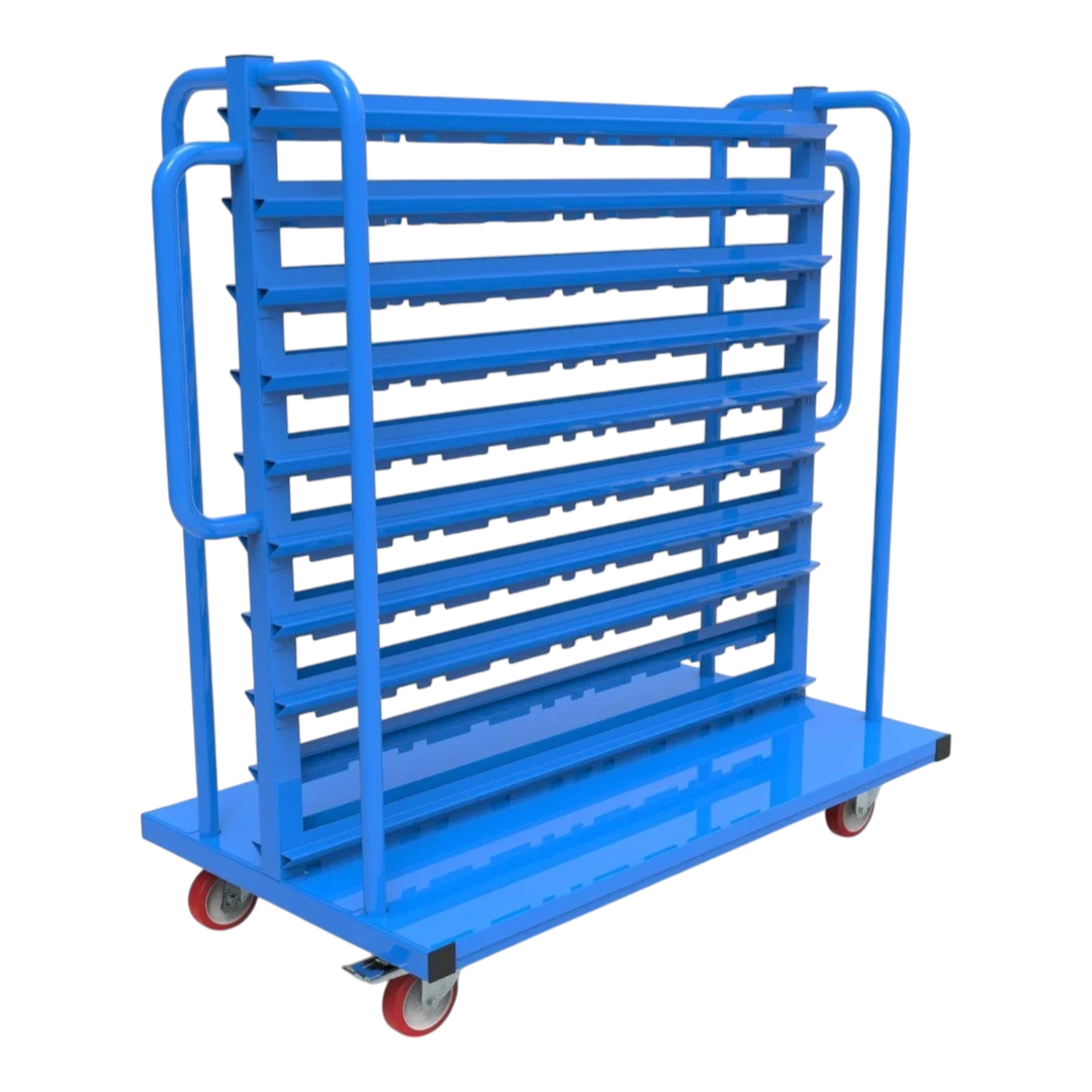 Kompakt-Rollwagen für Sichtlagerkästen - Schmale Bauform für enge Gänge, ideal für Werkstätten und Lager.