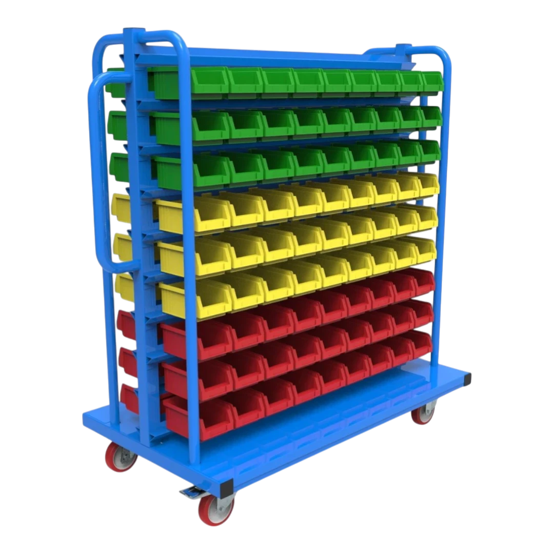 Kompakt-Rollwagen für Sichtlagerkästen - Schmale Bauform für enge Gänge, ideal für Werkstätten und Lager.