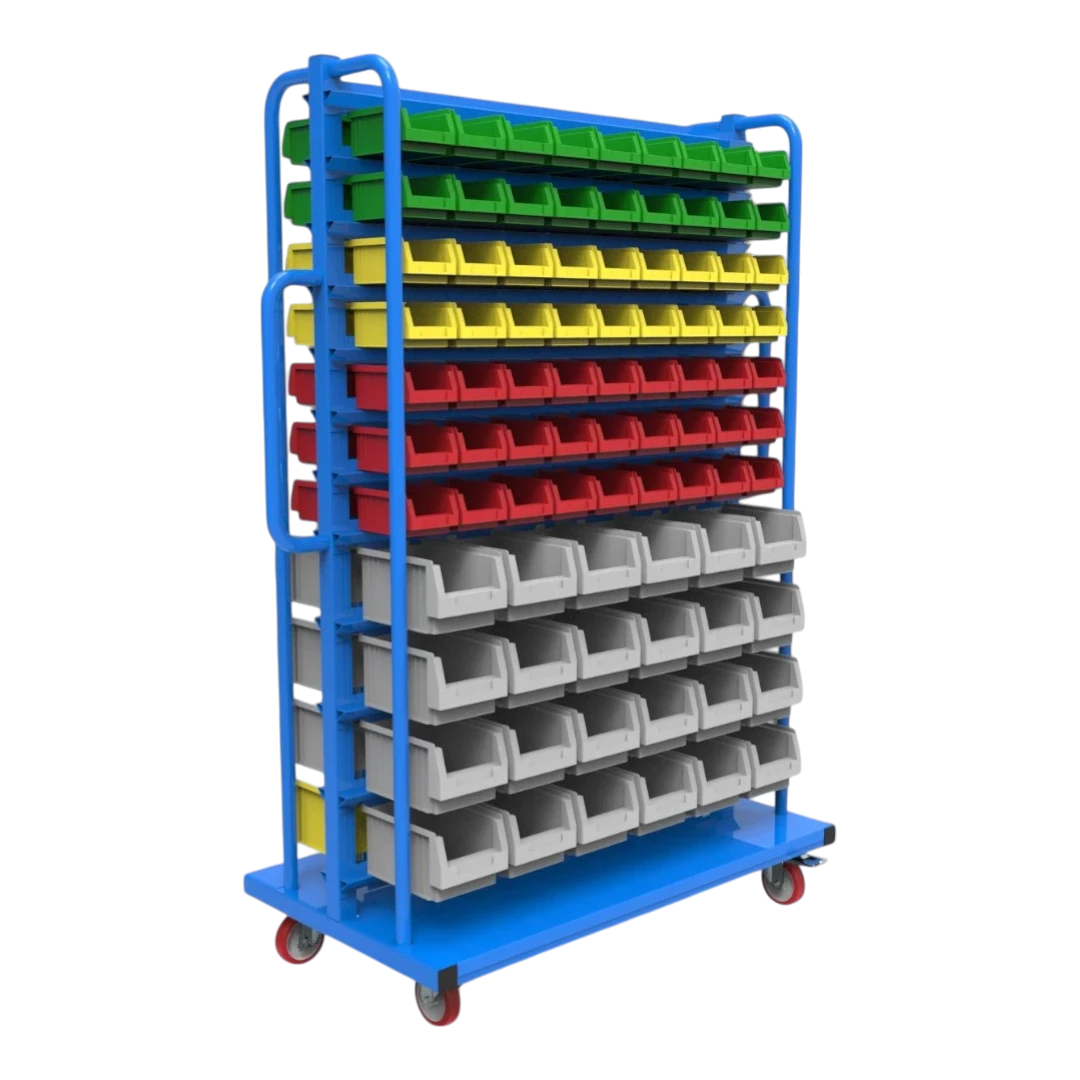 Kompakt-Rollwagen für Sichtlagerkästen - Schmale Bauform für enge Gänge, ideal für Werkstätten und Lager.