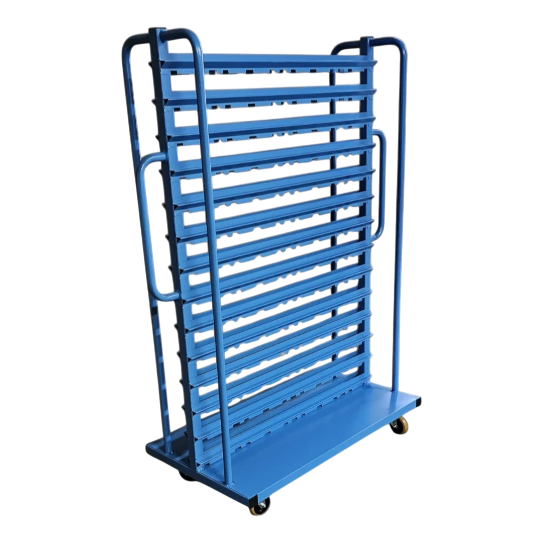 Kompakt-Rollwagen für Sichtlagerkästen - Schmale Bauform für enge Gänge, ideal für Werkstätten und Lager.