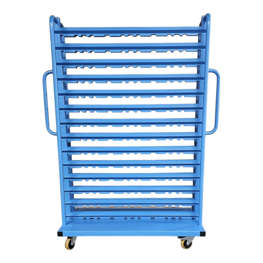 Kompakt-Rollwagen für Sichtlagerkästen - Schmale Bauform für enge Gänge, ideal für Werkstätten und Lager.