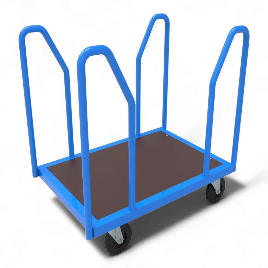 Seitenbügelwagen für Industrie, Lager & Werkstatt. Optimal für den Transport von langen Teilen. Robuster Plattformwagen mit Traglast bis 1000 kg.