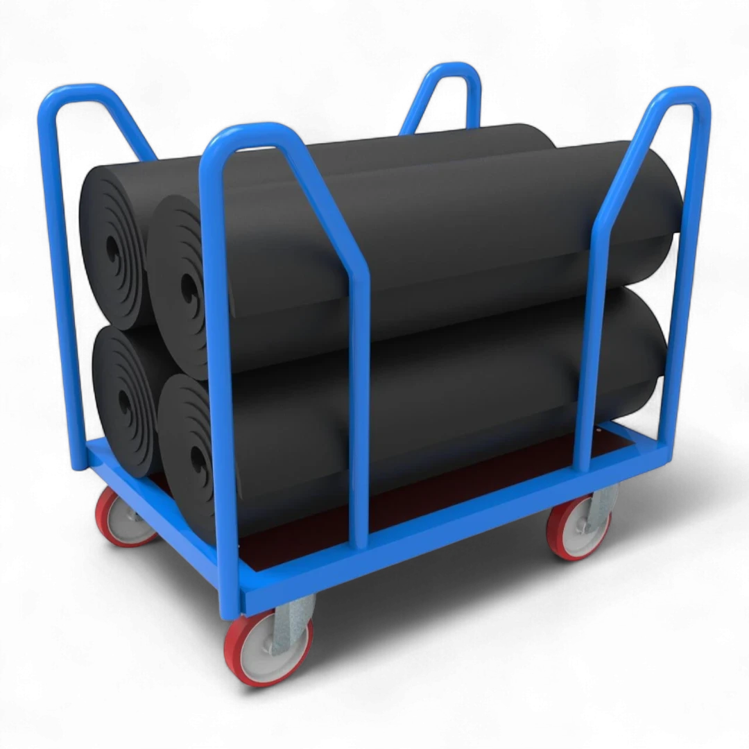Seitenbügelwagen für Industrie, Lager & Werkstatt. Optimal für den Transport von langen Teilen. Robuster Plattformwagen mit Traglast bis 1000 kg.