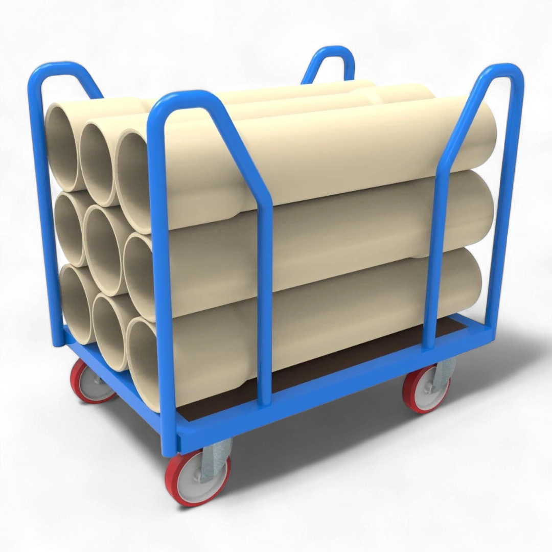 Seitenbügelwagen für Industrie, Lager & Werkstatt. Optimal für den Transport von langen Teilen. Robuster Plattformwagen mit Traglast bis 1000 kg.