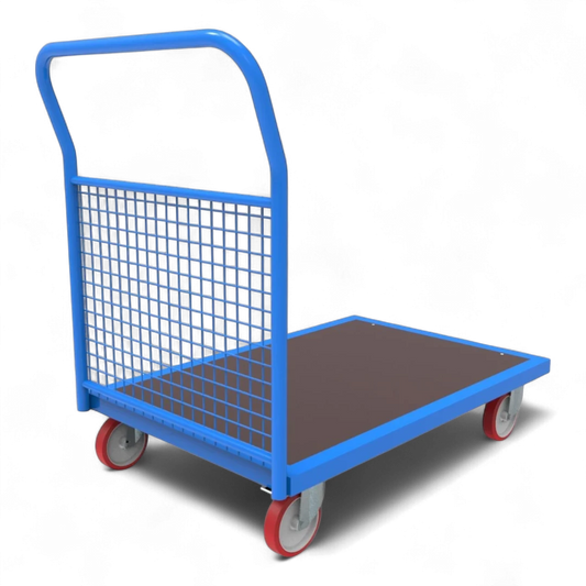 Plattformwagen mit Gitter-Stirnwand - Stabiler Stahlrahmen mit Schutzgitter. Bis 1000 kg Traglast, 4 Lenkrollen.