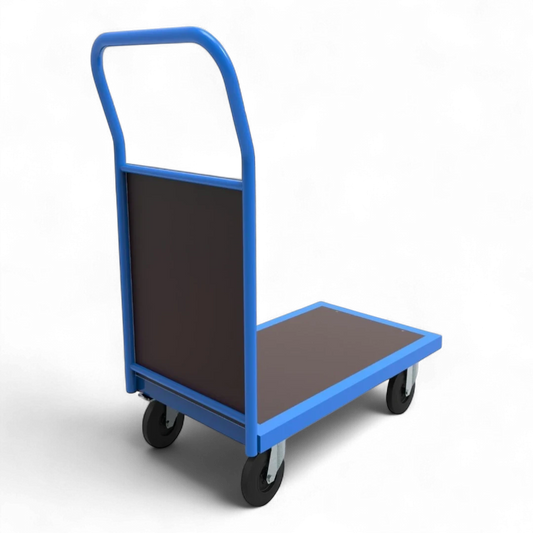 Plattformwagen mit Holz-Stirnwand - Stabiler Stahlrahmen mit Schutzgitter. Bis 1000 kg Traglast, 4 Lenkrollen.