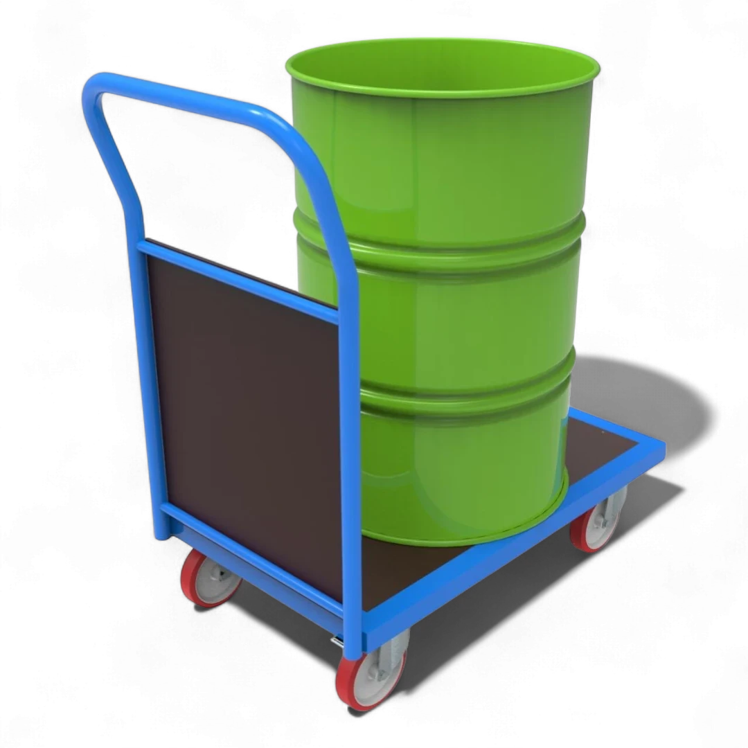 Plattformwagen mit Holz-Stirnwand - Stabiler Stahlrahmen mit Schutzgitter. Bis 1000 kg Traglast, 4 Lenkrollen.