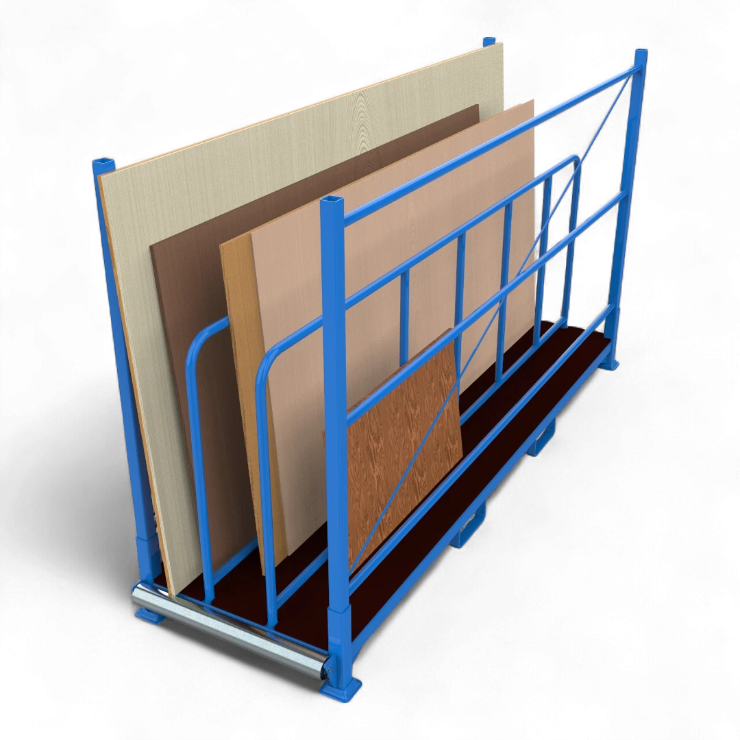 Stabiles Tafelregal für die platzsparende vertikale Lagerung von Blech- und Holztafeln in einer Industriehalle.