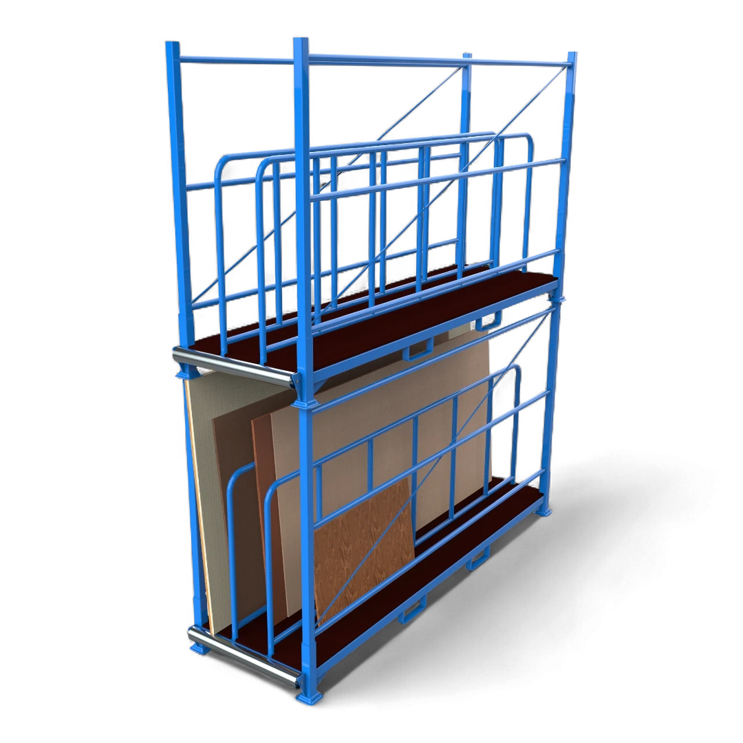 Stabiles Tafelregal für die platzsparende vertikale Lagerung von Blech- und Holztafeln in einer Industriehalle.