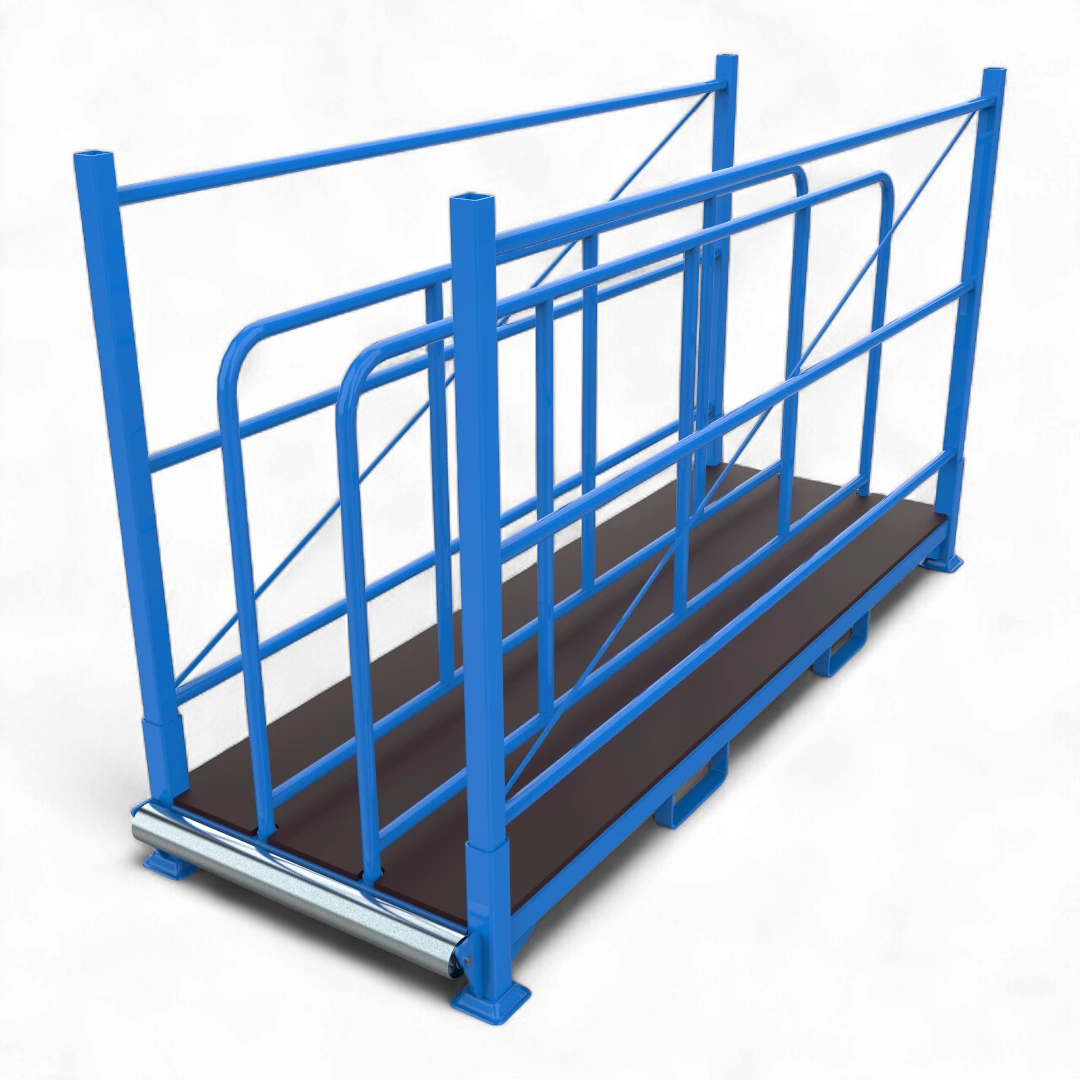 Stabiles Tafelregal für die platzsparende vertikale Lagerung von Blech- und Holztafeln in einer Industriehalle.