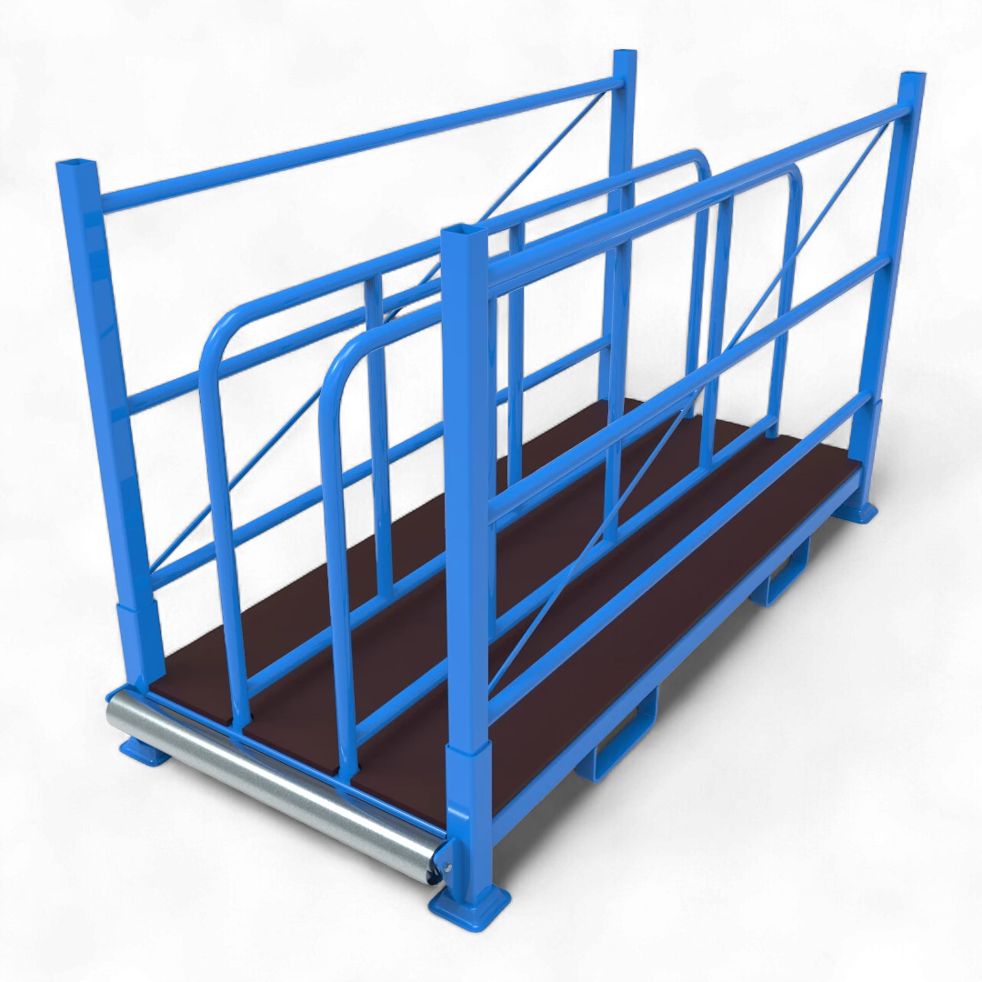 Stabiles Tafelregal für die platzsparende vertikale Lagerung von Blech- und Holztafeln in einer Industriehalle.