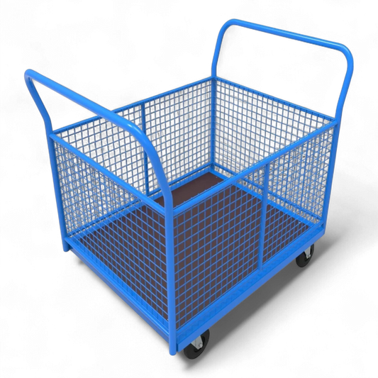 Vierwandwagen mit stabilen Gitterwänden – Sicherer Transportwagen mit vier Seiten aus Gitter für optimalen Ladungsschutz. Ideal für Lager und Industrie.