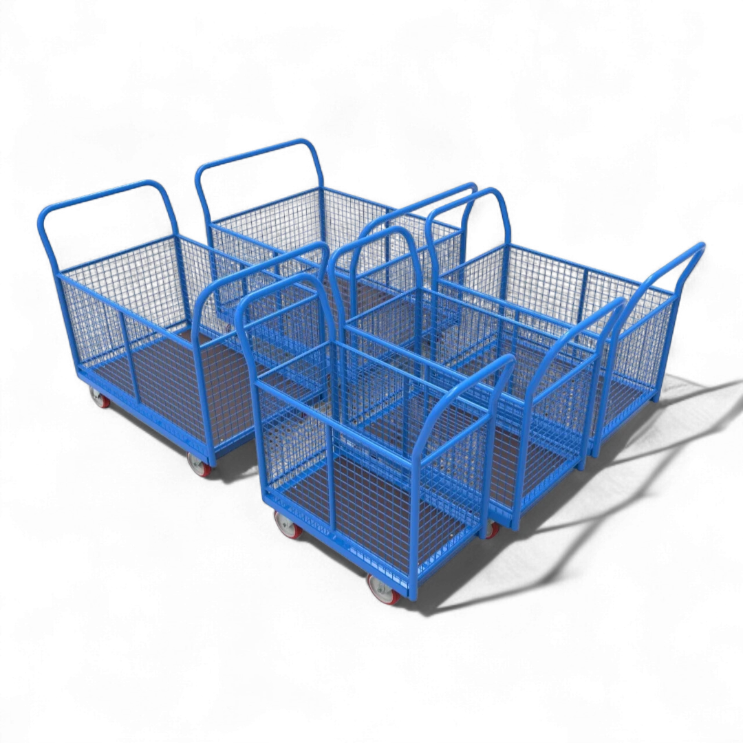 Vierwandwagen mit stabilen Gitterwänden – Sicherer Transportwagen mit vier Seiten aus Gitter für optimalen Ladungsschutz. Ideal für Lager und Industrie.