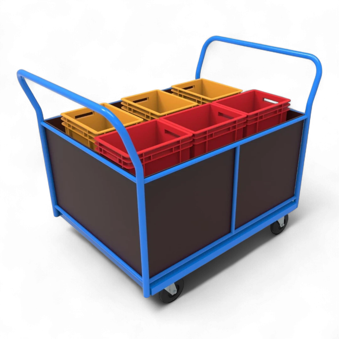 Vierwandwagen mit stabilen Holzwänden – Sicherer Transportwagen mit vier Seiten aus Siebdruckplatte für optimalen Ladungsschutz. Ideal für Lager und Industrie.
