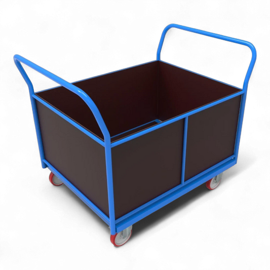 Vierwandwagen mit stabilen Holzwänden – Sicherer Transportwagen mit vier Seiten aus Siebdruckplatte für optimalen Ladungsschutz. Ideal für Lager und Industrie.