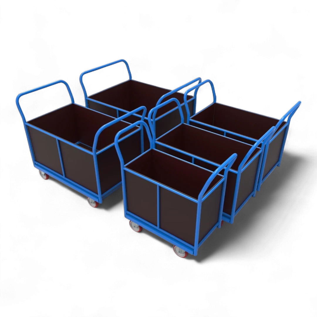 Vierwandwagen mit stabilen Holzwänden – Sicherer Transportwagen mit vier Seiten aus Siebdruckplatte für optimalen Ladungsschutz. Ideal für Lager und Industrie.