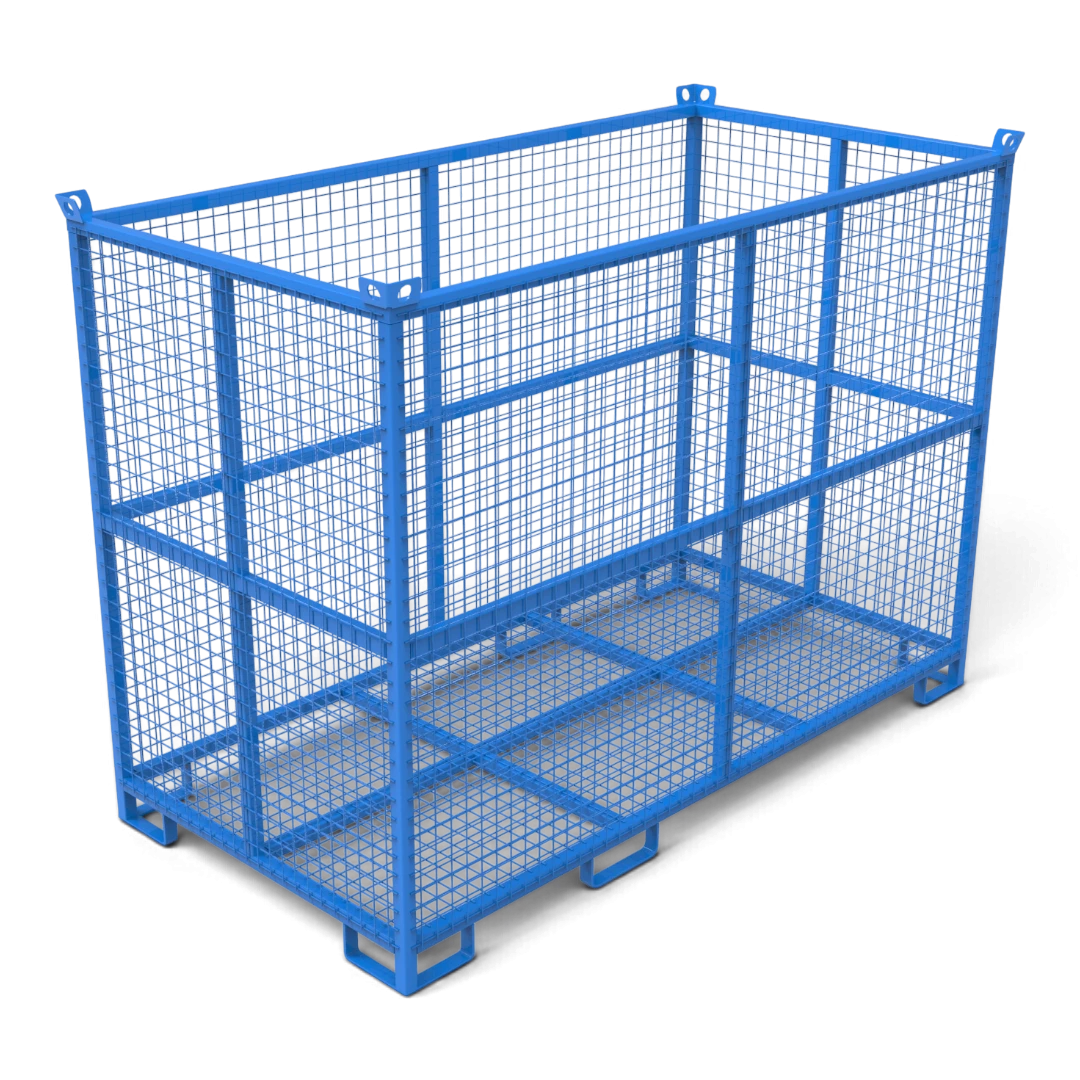 Gitterbox aus Stahl in Sondergrößen – verschweißter Quadratrohr-Rahmen mit Gitterboden, stapelbar. Für Lager, Transport und Außenbereich.