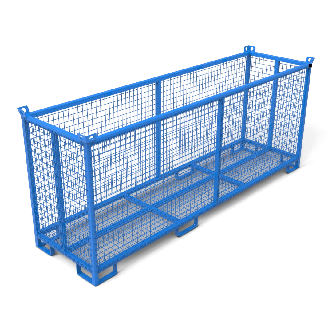 Gitterbox aus Stahl in Sondergrößen – verschweißter Quadratrohr-Rahmen mit Gitterboden, stapelbar. Für Lager, Transport und Außenbereich.