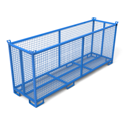 Gitterbox aus Stahl in Sondergrößen – verschweißter Quadratrohr-Rahmen mit Gitterboden, stapelbar. Für Lager, Transport und Außenbereich.